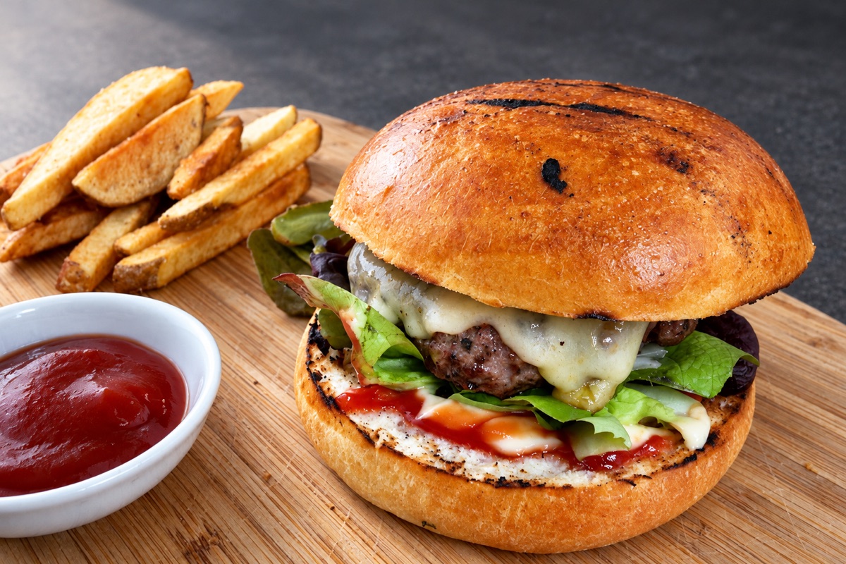 After: the burger and fries on a clean board