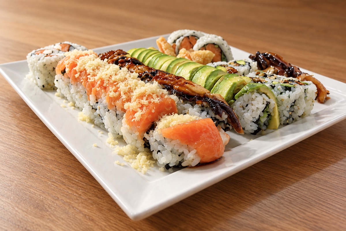 After: the same sushi platter in soft daylight on a clean table