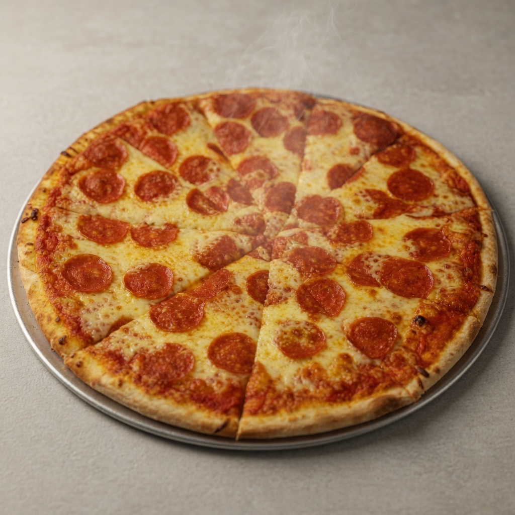 The same pizza, re-shot, centered and lit so the cheese and char read clearly.