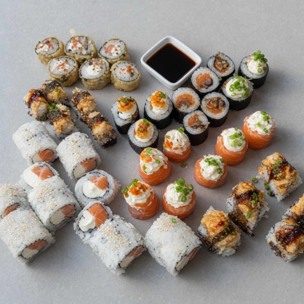 The same sushi platter, re-staged on a clean board with even, true-to-fish light.